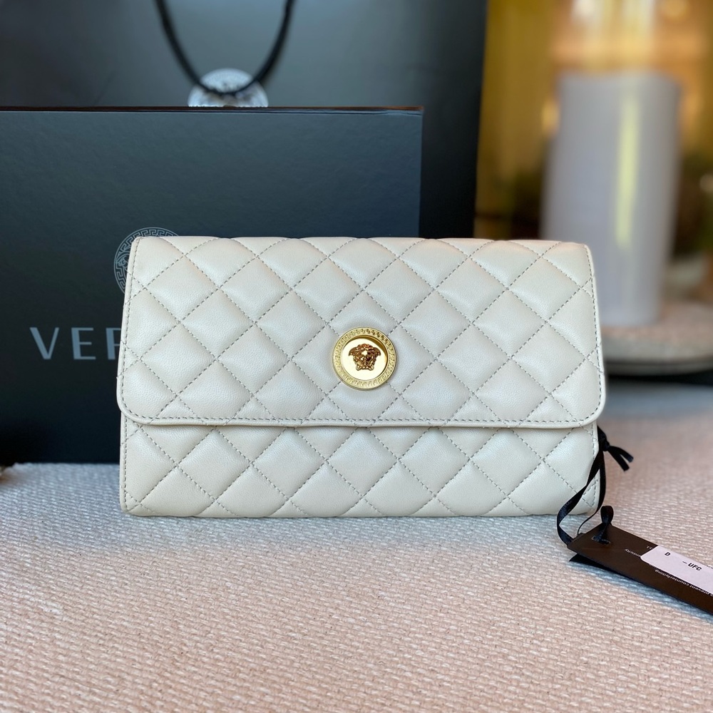 Versace La Medusa Evening Quilted Lambskin Leather Chain Bag, Clutch, Cream/Gold